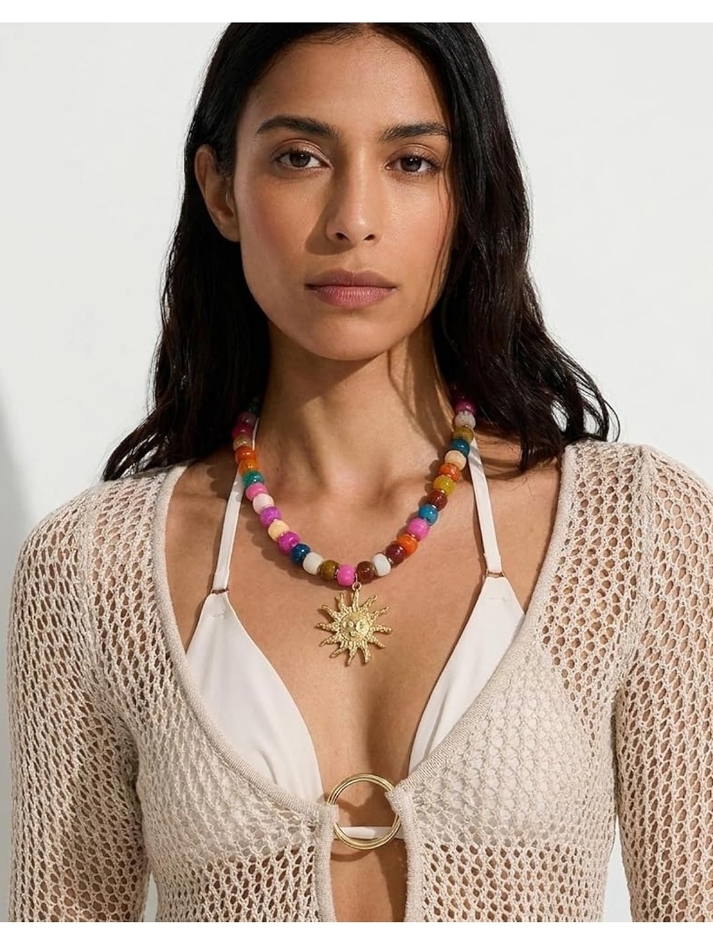 Gold Sun Pendant Multicolor Beaded Necklace - Women's Jewelry